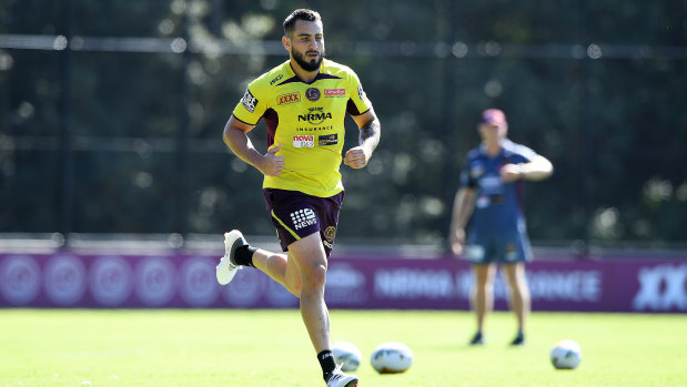 Grounded: Jack Bird runs during a timed drill during a Brisbane Broncos training session.