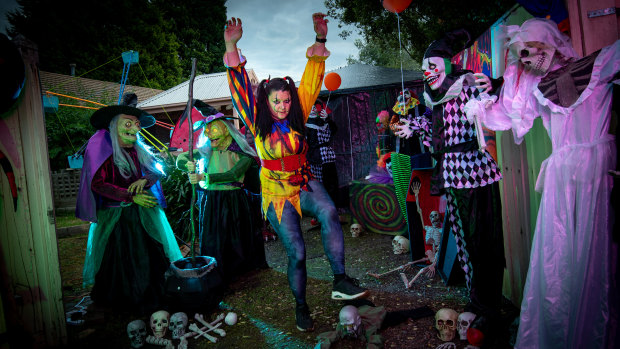 Sarah-Lee Jobson among her Halloween decorations at her Rowville home.