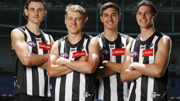 From left, Liam McMahon, Finlay Macrae, Reef McInnes and Oliver Henry, part of the Magpies’ crop of young talent from the 2020 draft.