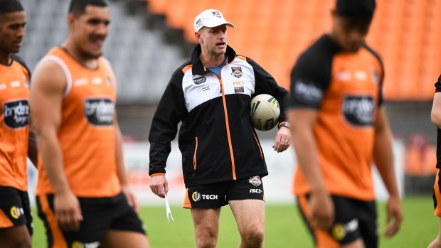 Wests Tigers coach Michael Maguire barking instructions.