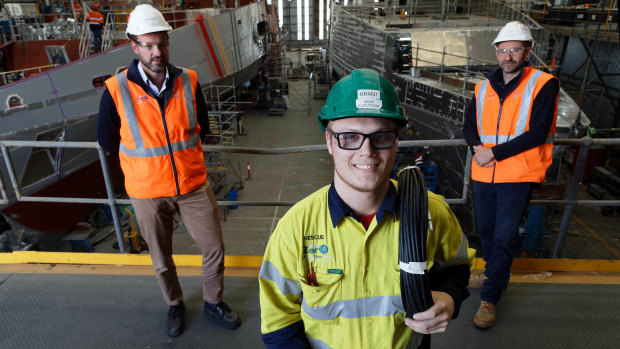 Australian shipbuilder Austal has employed apprentices during the coronavirus pandemic. Second year electrical apprentice Brant Bone in the Henderson facility.