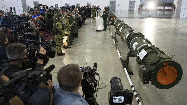 Foreign military attaches and journalists attend a briefing by the Russian Defence Ministry as the 9M729 land-based cruise missile.
