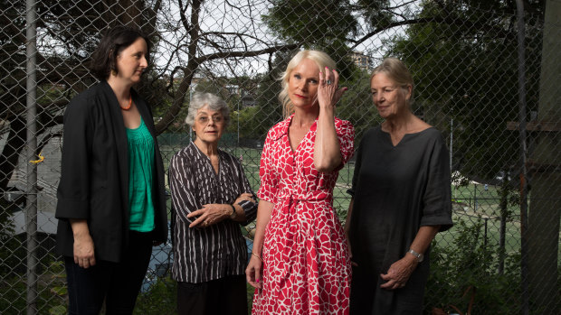Woollahra councillor Harriet Price (left) with residents who are concerned about the redevelopment of the White City sporting venue in Paddington.