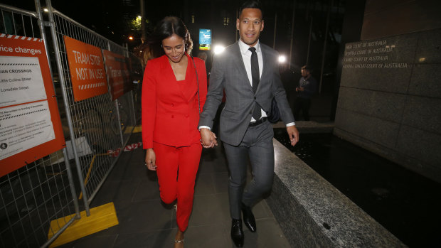 Israel Folau and wife Maria Folau leave the Federal Court after a 12-hour mediation with Rugby Australia on Monday.