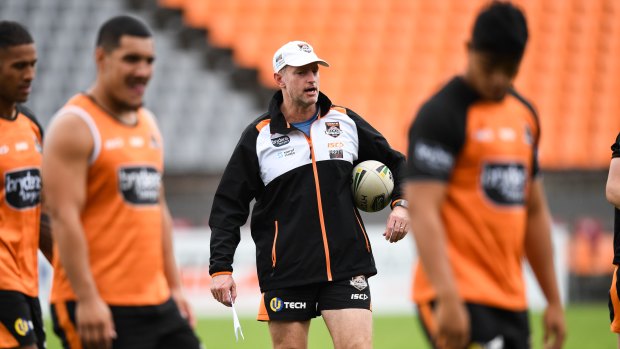 Wests Tigers coach Michael Maguire barking instructions.