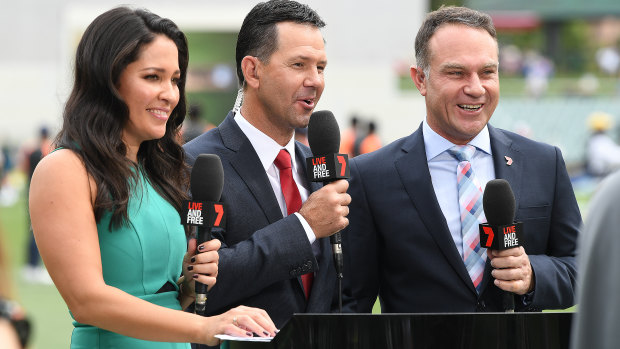 Leaving early: Mel McLaughlin, Ricky Ponting and Michael Slater in front of the camera for Channel Seven.