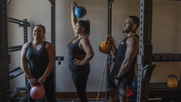 Aboriginal health worker Trudy Allende and mother-of-two Karen Linnell enjoy a workout at the National Centre of Indigenous Excellence.