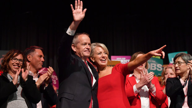 Bill Shorten and his wife Chloe at a rally marking the start of the real campaign on Sunday.