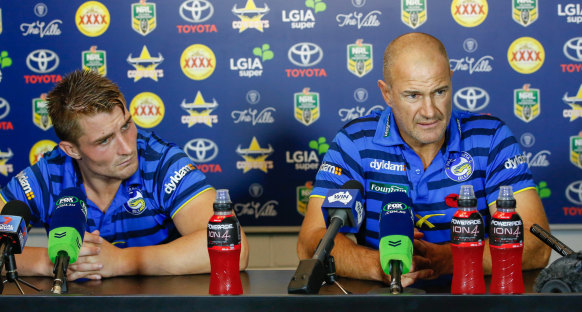 Special relationship: Kieran Foran and Brad Arthur front the media during the troubled 2016 season.