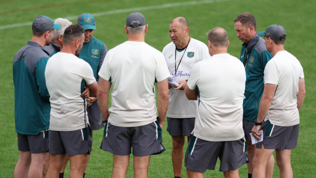 Winner’s circle? Eddie Jones and his coaching staff plot victory against Wales in their must-win clash.