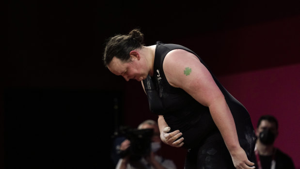 Laurel Hubbard of New Zealand after her third unsuccessful attempt in the snatch ended her competition.