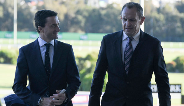 Sharing ideas: Douglas Whyte and Chris Waller at Canterbury on Wednesday.