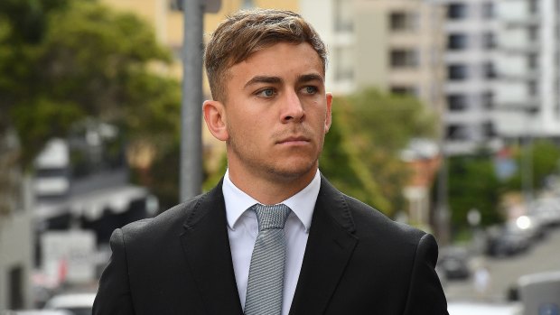Shellharbour Sharks player Callan Sinclair arrives at the NSW District Court at Wollongong on Monday.