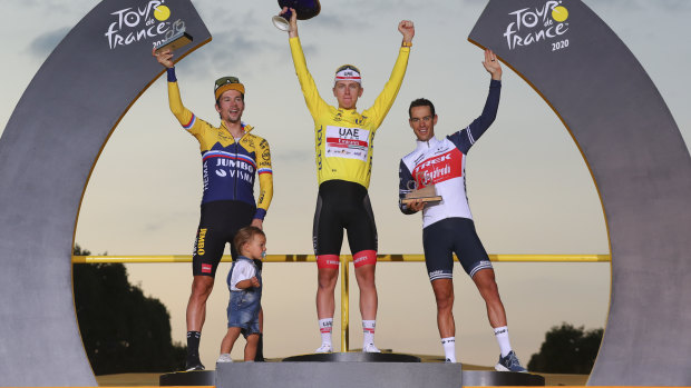 Tour de France winner Tadej Pogacar on the top step with Primoz Roglic (left) and Richie Porte (right).