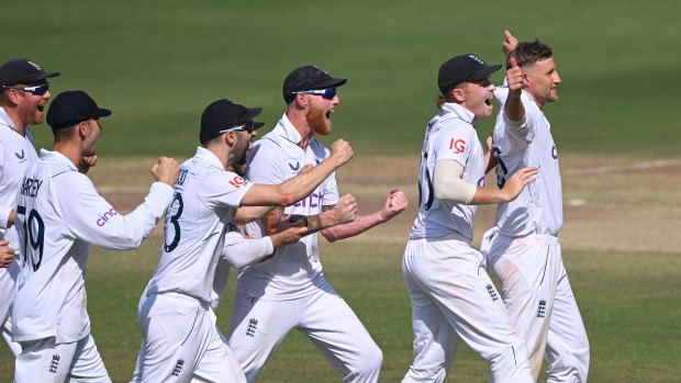 England celebrate during their stunning first Test win in India.