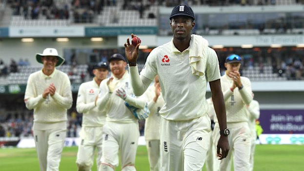 Archer leaves the field after claiming six wickets on day one of the third Test match at Headingley.