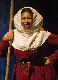 Claire Benedict seen as the Wife of Bath in a Royal Shakespeare stage adaptation of Chaucer’s Canterbury Tales.