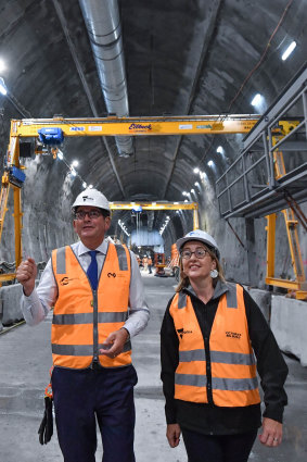 Victorian Premier Dan Andrews and Transport Minister Jacinta Allan inspect the progress at State Library Station in the Metro Tunnel. 