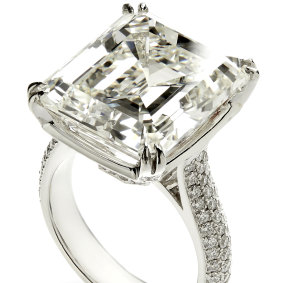 The 17.34 carat emerald-cut diamond ring that sold for $575,000.