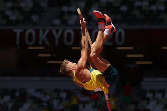 Australian Ashley Moloney competes in the men’s decathlon pole vault on Thursday.