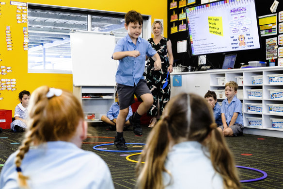 Rebecca Brady and her kindergarten class at St Bernard’s primary school in Batemans Bay.