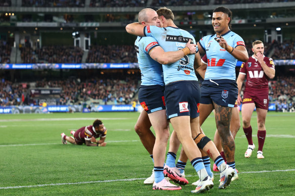 The Blues are a happy team after their game two thrashing of Queensland. 