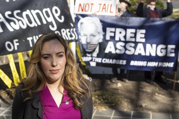 Stella Assange, wife of Julian, at a rally in front of the National Press Club of Australia in Canberra in May.