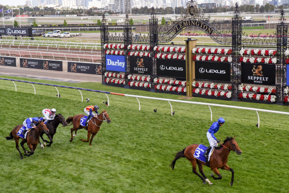 Bivouac leaves Nature Strip in his wake in the Darley Sprint Classic at Flemington on Saturday.