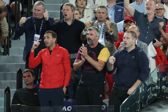 Ivanisevic (front, centre) in Djokovic’s box during the 2023 Australian Open final.