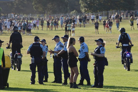 Police at the Listen Out festival at Centennial Park yesterday.