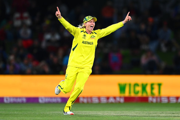 Meg Lanning celebrates after Australia’s World Cup win.