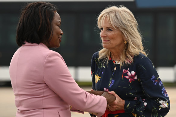 First lady Jill Biden, right, is greeted by Democrat congresswoman Val Demings, left, as she arrives at the Scripps National Spelling Bee. 