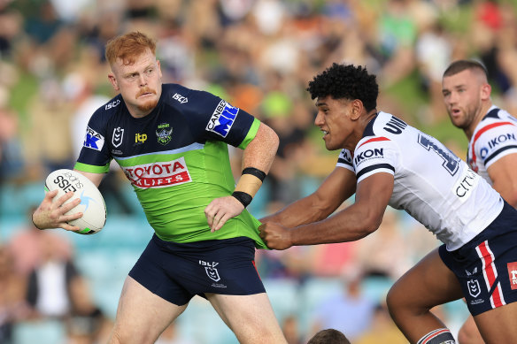 Corey Horsburgh runs the ball for the Raiders during the NRL trial win over the Sydney Roosters at Leichhardt Oval.