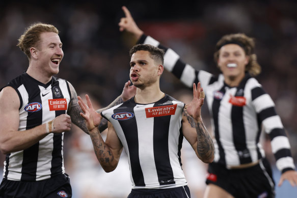 Bobby Hill celebrates a goal for the Magpies.