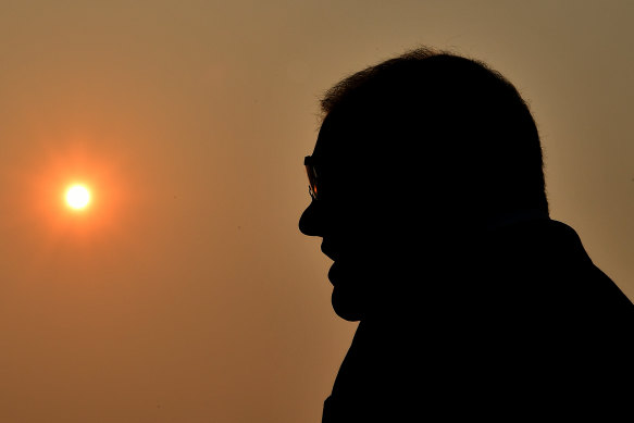 Scott Morrison during a press conference  in Sydney on Wednesday, amid the haze of bushfire smoke.  The Coalition is now embracing the 50 per cent renewables target.