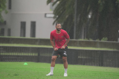 Benji Marshall trains in the wet on Tuesday.