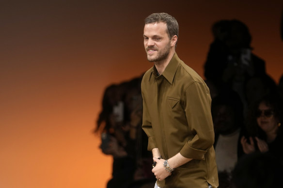 Mathhieu Blazy takes a bow in Milan following his ready-to-wear collection for Bottega Veneta in February.