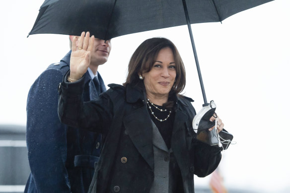 Vice-President Kamala Harris arrives to board Air Force Two for a trip to Poland and Romania