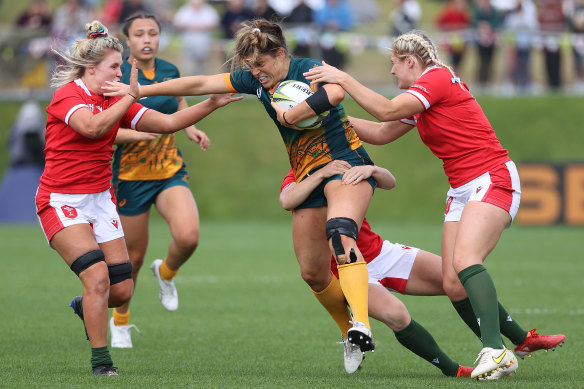 Grace Hamilton on the charge for Australia against Wales.