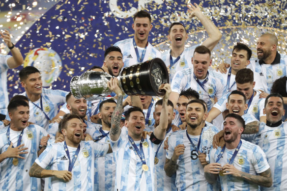 Lionel Messi and his Argentina teammates celebrate their Copa America triumph.