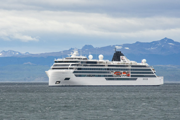 The Norwegian-flagged cruise ship Viking Polaris is seen anchored in waters of the Atlantic Ocean in Ushuaia, southern Argentina.