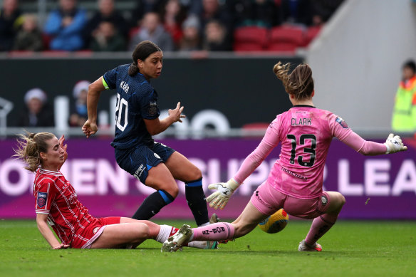 Sam Kerr is action for Chelsea last month.