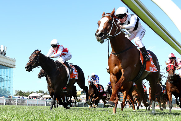 Linda Meech rides Pippie to victory in the Oakleigh Plate on Saturday.