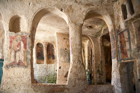 A fresco in a church hewn from rock in Matera.