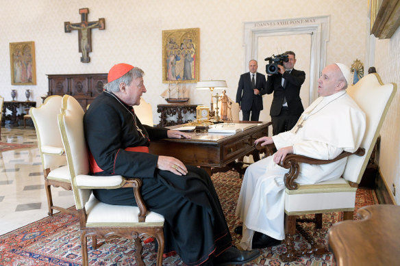 Cardinal George Pell (left) met with Pope Francis on his return to the Vatican after his sex abuse conviction and acquittal in Australia.