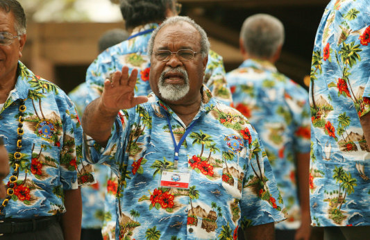 Prime Minister  PNG Michael Somare during the official photograph in the bula shirt during  the  37th Pacific Island Forum in Fiji in 2006.
