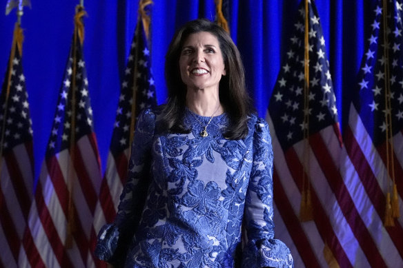 Republican presidential candidate former UN ambassador Nikki Haley at a New Hampshire primary night rally, in Concord, New Hampshire. 