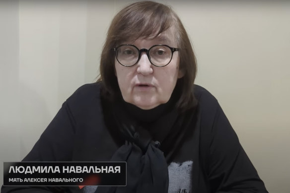 Alexei Navalny’s mother Lyudmila Navalnaya speaks during a video statement from the Arctic city of Salekhard.