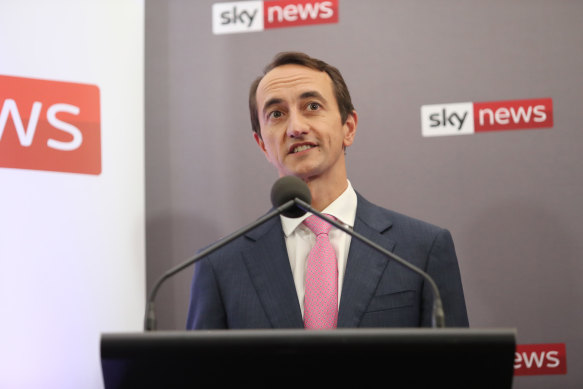 Liberal MP Dave Sharma speaks at a Sky News People’s Forum debate with Allegra Spender on Thursday.