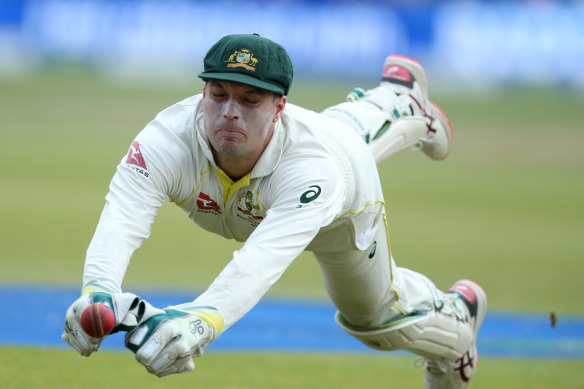 Australian wicketkeeper Alex Carey narrowly fails to catch Mark Wood on the final day in Leeds.